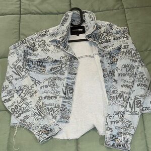 Fashion Nova Black and Gray Graphic Jacket